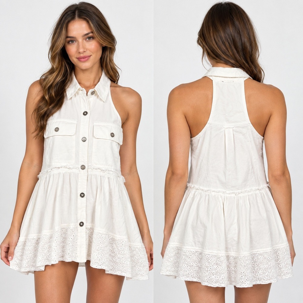 VICI White Denim Halter Top Eyelet Trim Tiered Button Down Shirt Small